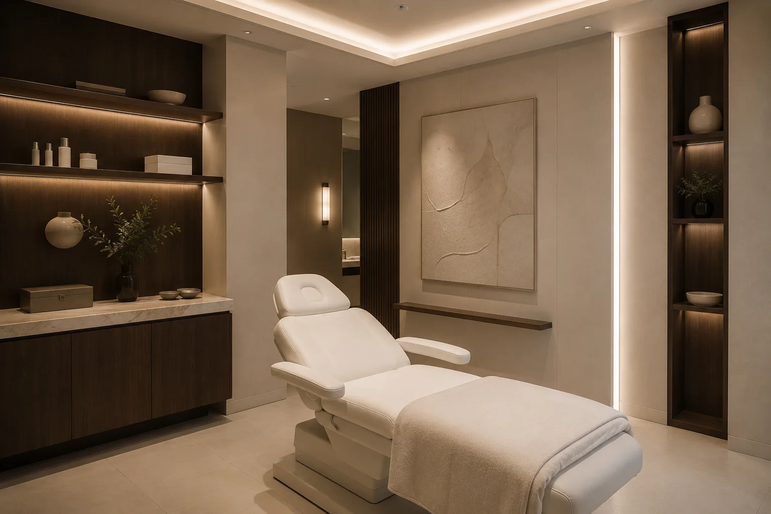 A refined treatment suite with warm lighting, dark wood, cream upholstery, and sculptural details