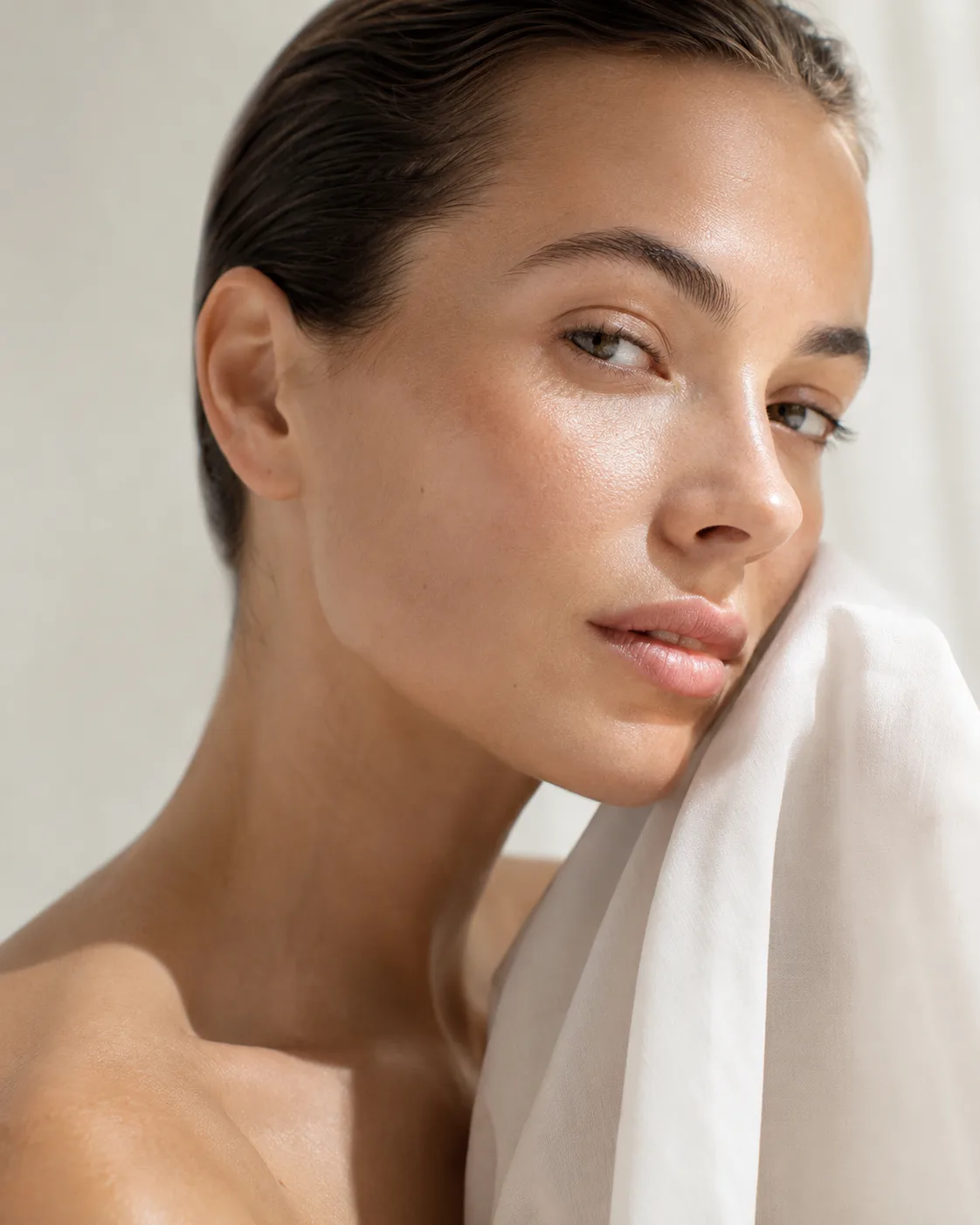 Sophisticated beauty portrait with soft draped fabric and luminous skin